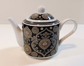 Vera Bradley Teapot - Small Cafe Latte Black and Brown Ornate Porcelain Vera Bradley Teapot - Elegant Paisley Designer Personal Teapot