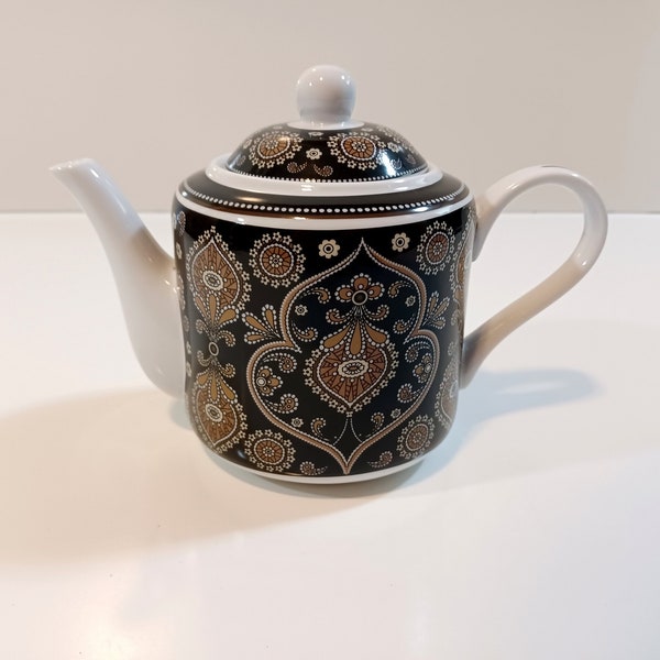 Vera Bradley Teapot - Small Cafe Latte Black and Brown Ornate Porcelain Vera Bradley Teapot - Elegant Paisley Designer Personal Teapot