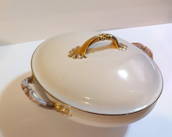 French Limoges Covered Casserole Server Dish - Vintage French White and Gold Trimmed Footed Casserole Dish with Lid