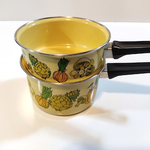 Cera-Met Mushroom Enamel Pots - 2 Rare Yellow USA Enamel Pots by Cera Met Featuring Mushrooms and Vegetables