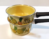 Cera-Met Mushroom Enamel Pots - 2 Rare Yellow USA Enamel Pots by Cera Met Featuring Mushrooms and Vegetables