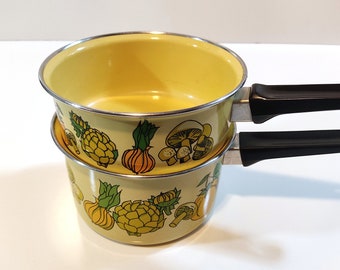 Cera-Met Mushroom Enamel Pots - 2 Rare Yellow USA Enamel Pots by Cera Met Featuring Mushrooms and Vegetables