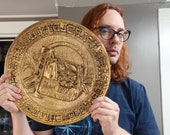 Vintage Large English Embossed Brass Display Wall Plate Harvest Scene - 15.5" Hanging Display Plate Embossed Fruit and Wine and Herbs
