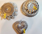 Assorted Aluminum Jello Molds - Aluminum Jello Molds Hanging Wall Decor Heart Round and Fluted Shapes
