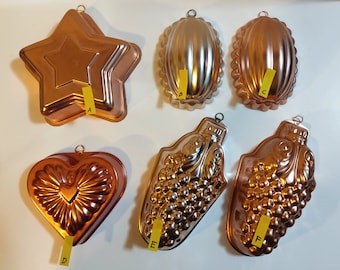Surtido de moldes pequeños de cobre para gelatina - Moldes de cobre y aluminio para pasteles de gelatina, decoración de pared colgante, formas de cobre, melón, corazón, uvas, buen estado