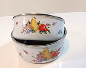 Enamel Bowl Set - Vintage Mid Century Kitchen Lincolnware Enamel Bowl Set Enamelware Bakeware Pear Apple Plum Grapes Fruit Design