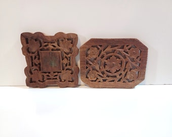 Small Wooden Trivets from India - 2 Vintage Small Handmade Wood Trivets