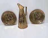 Vintage Large English Embossed Brass Display Wall Plate Set Tavern Scene 9.5" Hanging Display Plate Embossed English Pub Pitcher and Plates