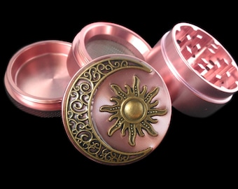 Mini moulin à herbes en aluminium rose soleil et lune | Grinder Girly | Moulin rose