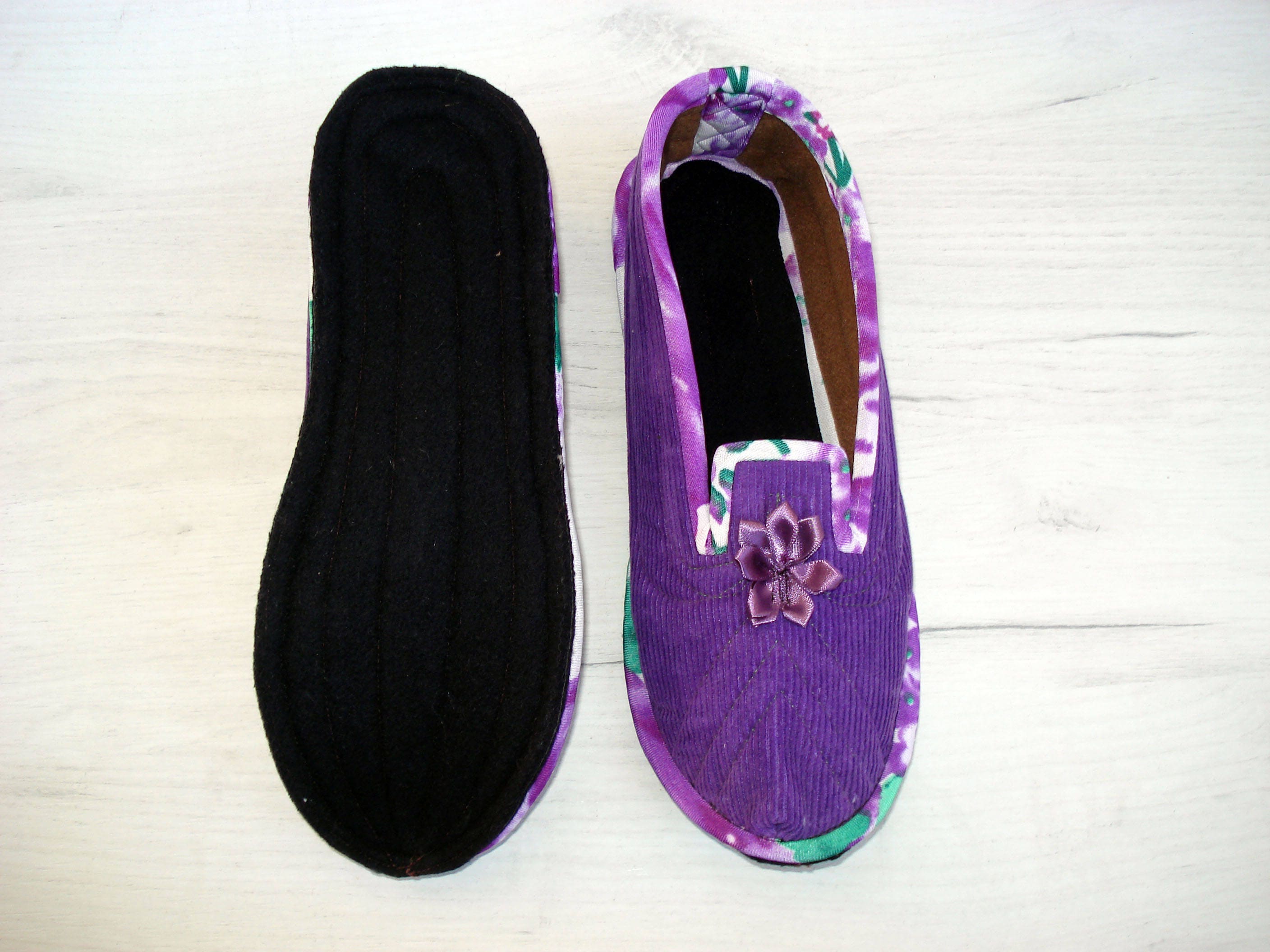 Purple Velvet Warm Slippers Wool House Slippers Ribbon - Etsy