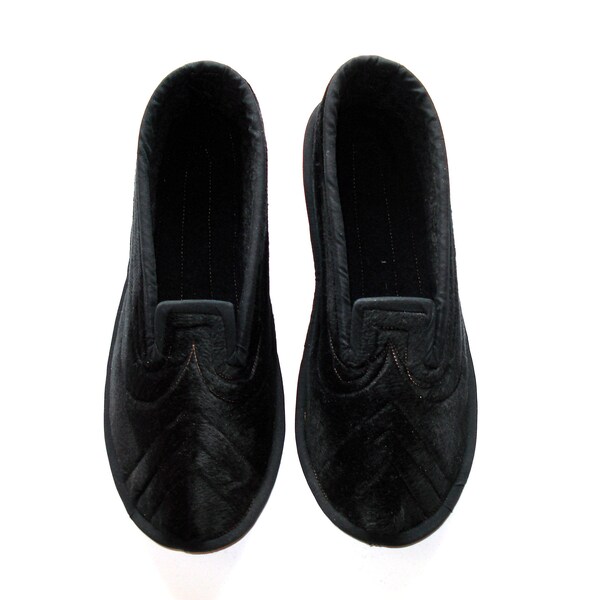 Black Plush House Slippers, Wool Lined, Indoor Shoes (US 9 / EU 40)