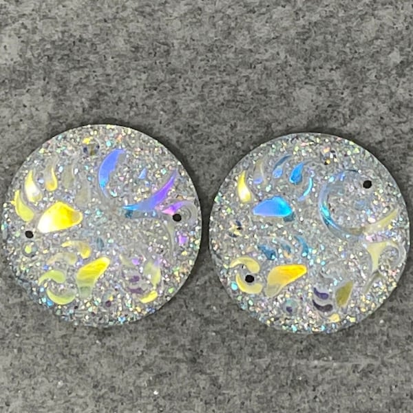 Clear Round Bear Tracks Pair, 25mm Resin Cabs Gems Beading Cabochons, E6