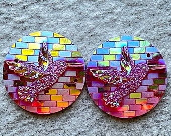 Red  Round Hummingbird Pair, Round 25mm Resin Cabochons Gems, B20