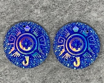 Blue Aztec Turtle Pair, 25mm Resin Cabochons Gems, B15