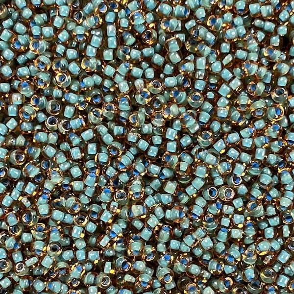 11/0 Matsuno Fancy Color-Lined 30g, Topaz and Green, Seed Beads Japanese, 6” Tube, 30 grams, 399F, Round Rocaille