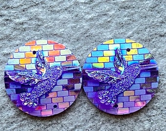 Purple Round Hummingbird Pair, 25mm Resin Cabochons Gems, B18
