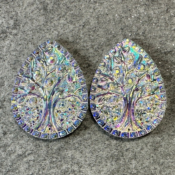Crystal Tree of Life Teardrop Pair, 30X40mm Resin Cabochons Gems, F15