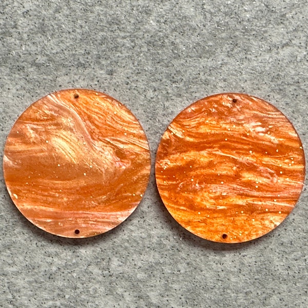 Orange Shimmer Glitter Pair of Cabochons -/25.4mm Diameter/~3.2mm Thick/Flat Front & Back/Round/Gem/Beading Cabs/Acrylic Cabs #54