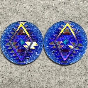 Blue Round Aztec Triangle Pair, 25mm Resin Cabs Gems Beading Cabochon, D16