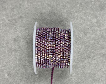 Fuchsia Metal Rhinestone Banding SS6, Clear AB Crystals, 1 and 10 Yards