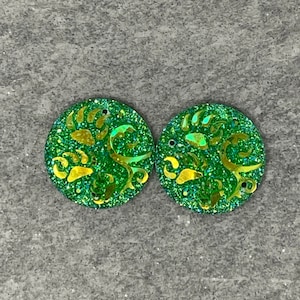 Green, Round Bear Track/25mm/Resin Cabs/Gems/Beading Cabochon pair E4