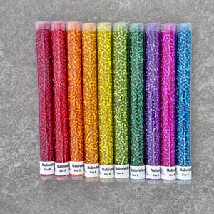 11/0 Brillant Transparent Rainbow Silver Lined 10 Color Set, Japanese Seed Beads, 30 grams each in 6” TUBES