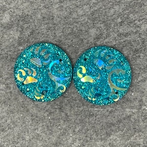 Teal Blue, Round Bear Track/25mm/Resin Cabs/Gems/Beading Cabochon pair E7