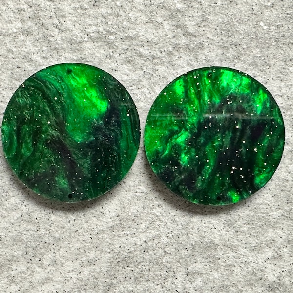 Deep Sea Green Marble Glitter Pair of Cabochons -/25.4mm Diameter/~3.2mm Thick/Flat Front & Back/Round/Gem/Beading Cabs/Acrylic Cabs - #53