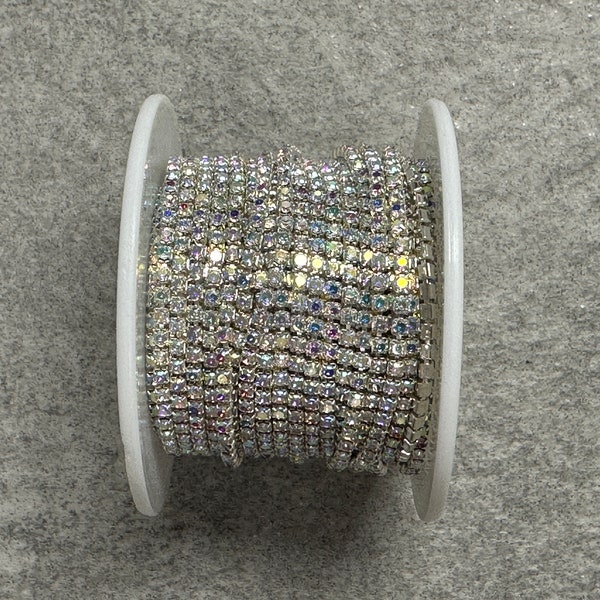 Silver Metal Rhinestone Banding SS6, AB Coated Clear Crystals, 10 Yards