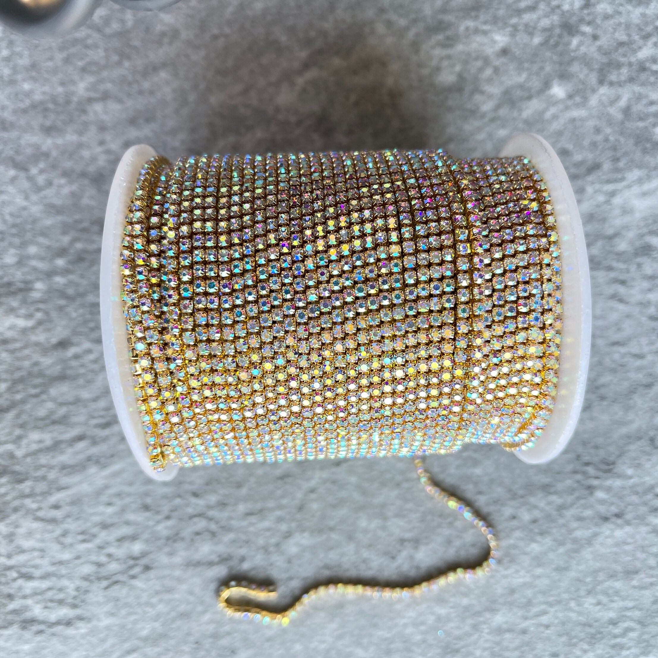 Gold Metal Rhinestone Banding SS6, AB Coated Clear Crystals by yard