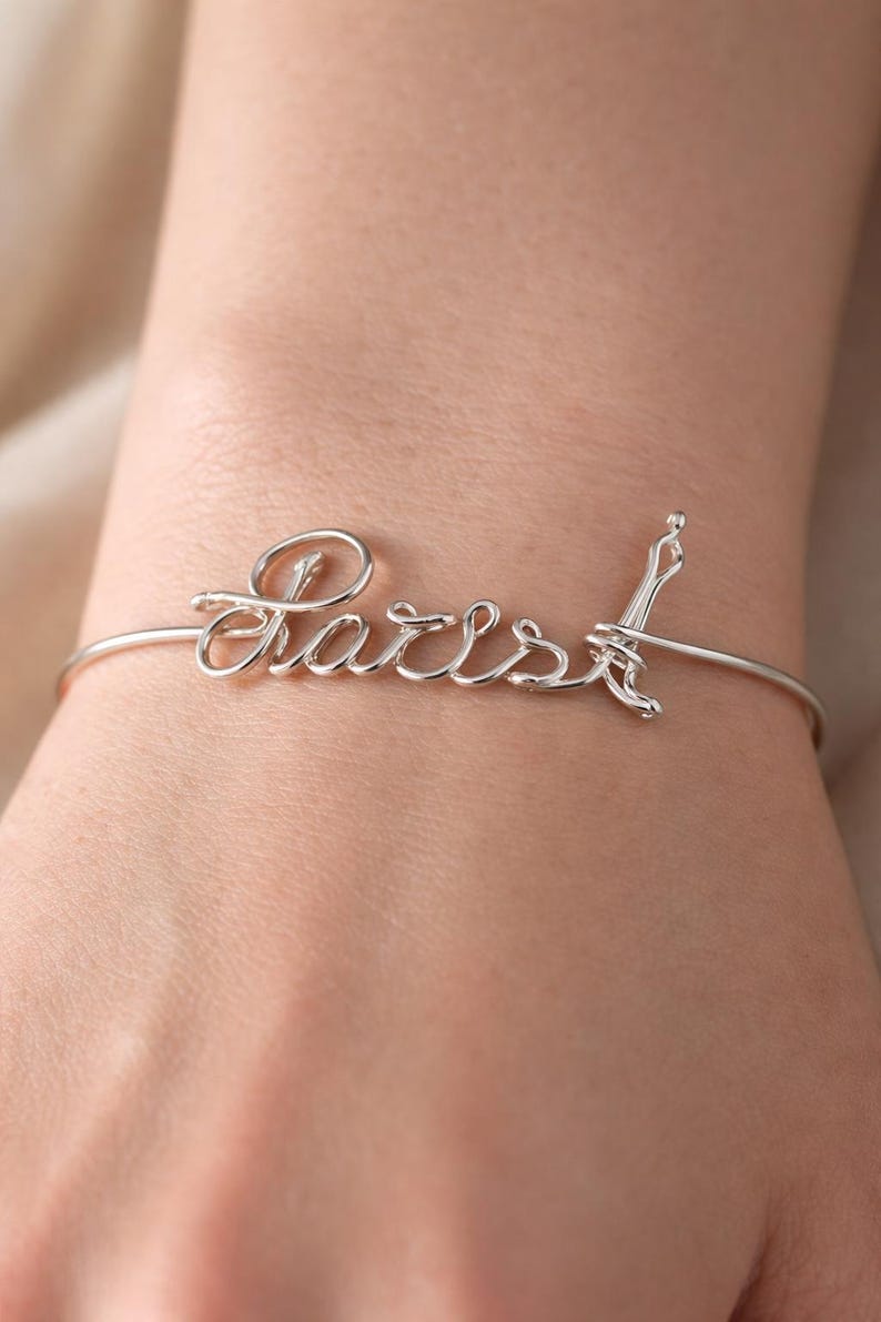 silver personalized name bracelet on wrist custom wire name jewelry handmade