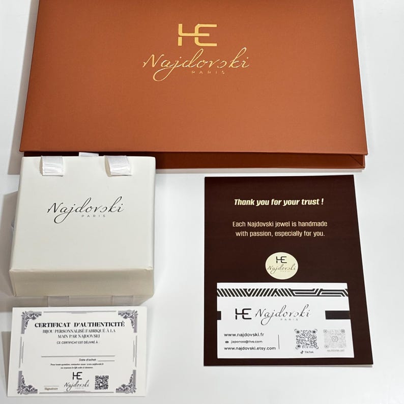 luxury jewelry packaging set personalized name bracelet gift box certificate handmade brand najdovski paris