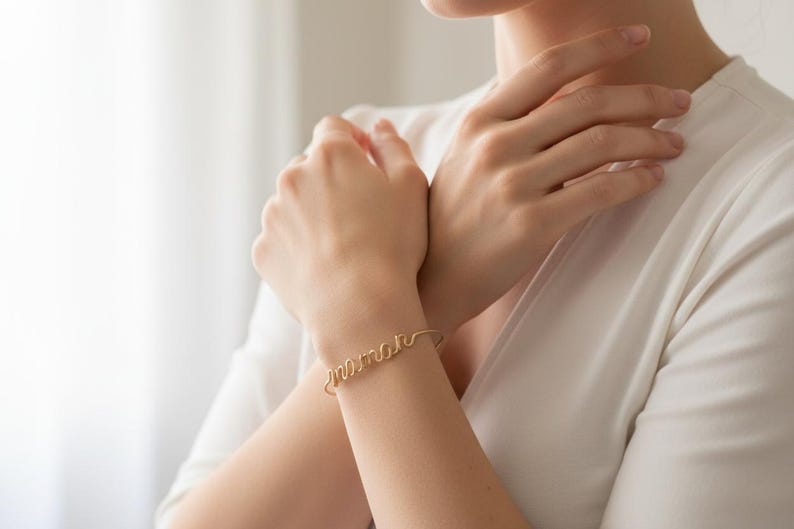 personalized name bracelet on wrist minimalist gold jewelry gift for her