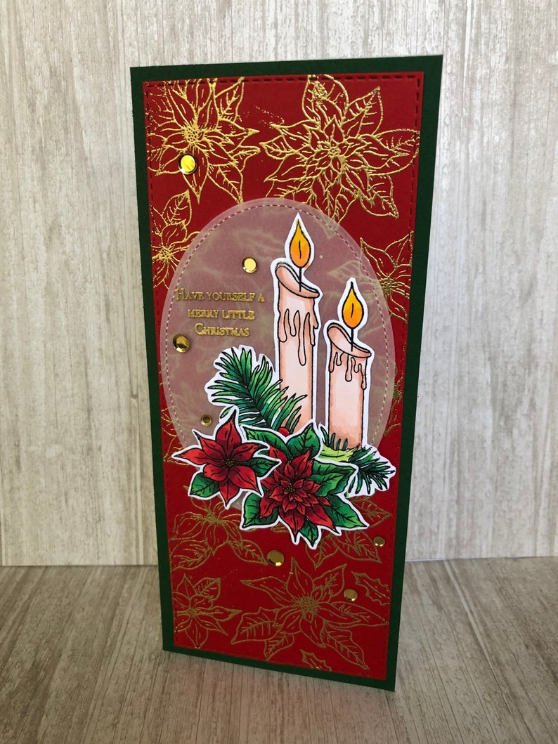 Slimline Christmas card set, 3D holiday greeting card in a slimline card design with elegant poinsettias, elegant handmade Christmas card image 4