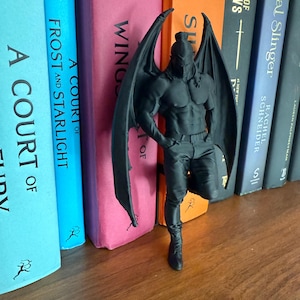 May include: A black figurine of a winged humanoid figure, leaning against a row of colorful books. The figure has a muscular physique, a helmet, and large, spread wings. The books have titles like "A Court of Frost and Starlight" and "Metal Slinger."