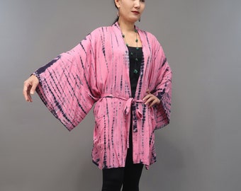 Kimono de rayón rosa teñido a mano, cárdigan estilo boho, talla única grande.