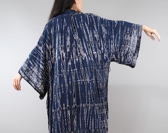 Hand Dyed Navy Blue Tie Dye Kimono, Rayon Robe, Plus Size