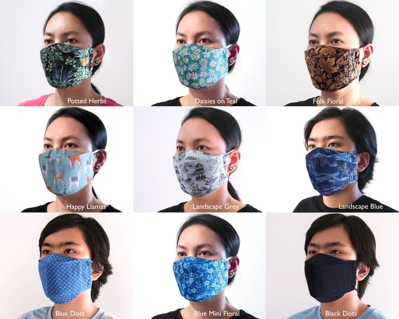 Made in USA 3D Origami Fit 100% Cotton Cloth Face Mask 2 PLY Adult Size Washable Reuseable Adjustable Headband or Earloop Style Elastic Band 