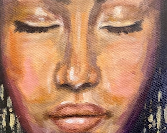 May include: A close-up painting of a person's face with their eyes closed. The person has brown skin and is wearing makeup. The painting is done in a realistic style.