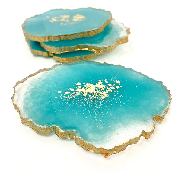 4 unique geode resin coasters Gold leaf and Gray Resin Coaster Set