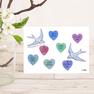 Love is patient, love is kind, love never fails 1 Corinthians 13:4-8 Christian Bible verse wedding card with hearts birds and swallows image 1