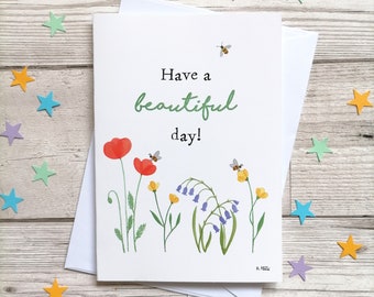 Birthday card with flowers and bees "Have a beautiful day!" gardening