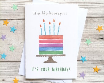 Birthday card with rainbow cake and candles "Hip hip hooray, it's your Birthday!"