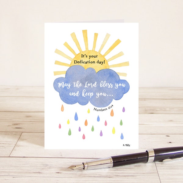 Dedication card "May the Lord bless you and keep you" (Numbers 6:24) Bible verse with sun, cloud and rainbow raindrops