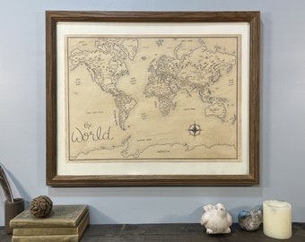 World Map: Aged, Handmade, Hand drawn, Gifts, Fantasy Style Art