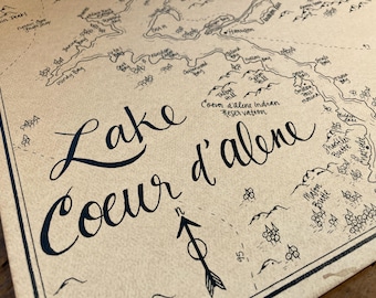 Map of Lake Coeur d'Alene: Aged, Handmade, Hand drawn, Authentic Gift of Idaho, Art