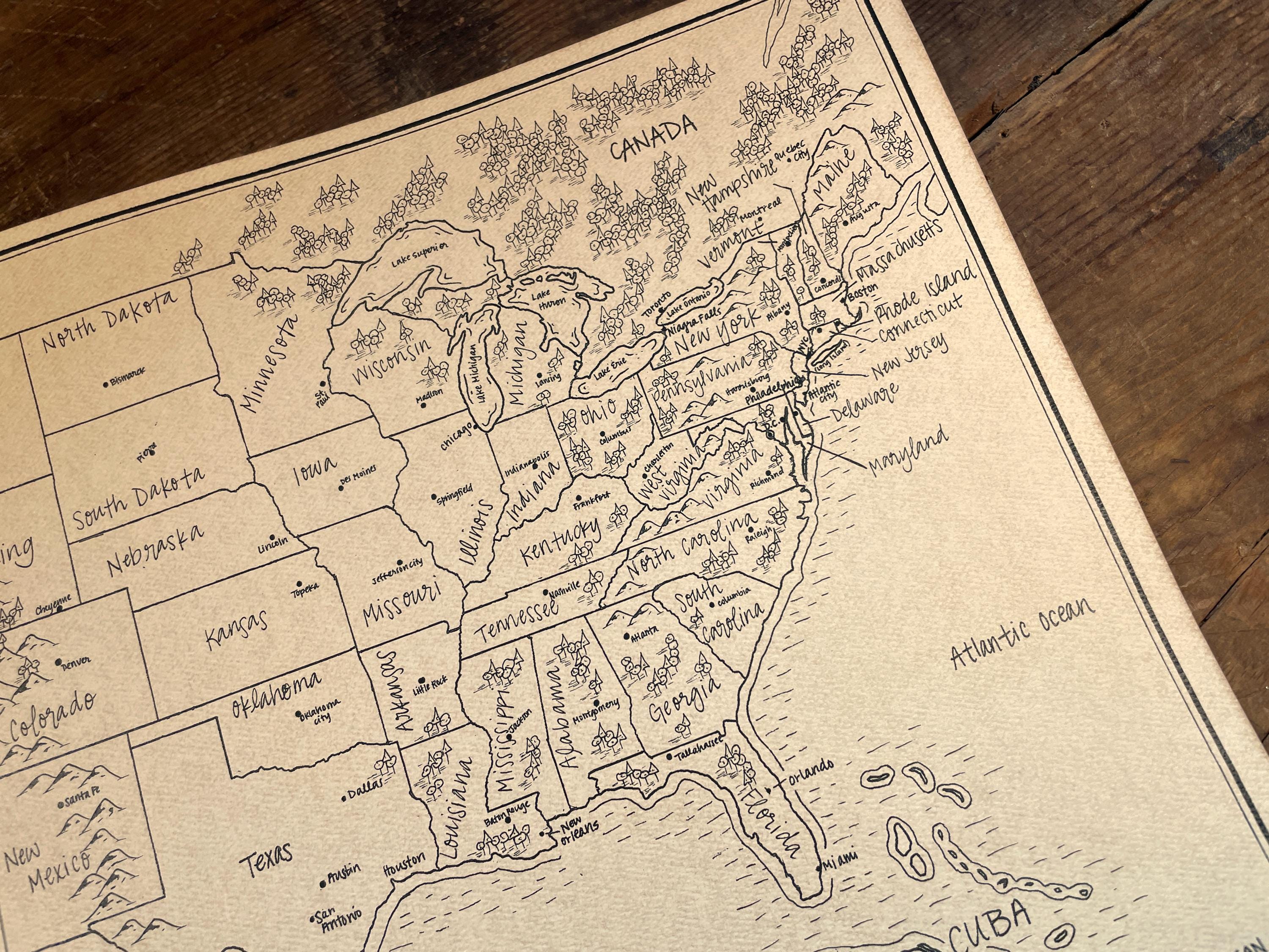United States Map: Aged, Handmade, Hand Drawn, Authentic Gift of