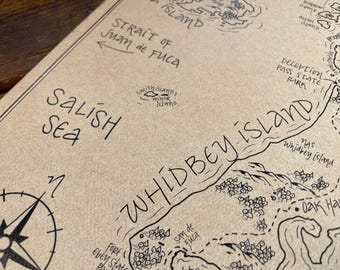 Hand-Drawn Whidbey Island Map: Fantasy Style Art Print of the North Puget Sound