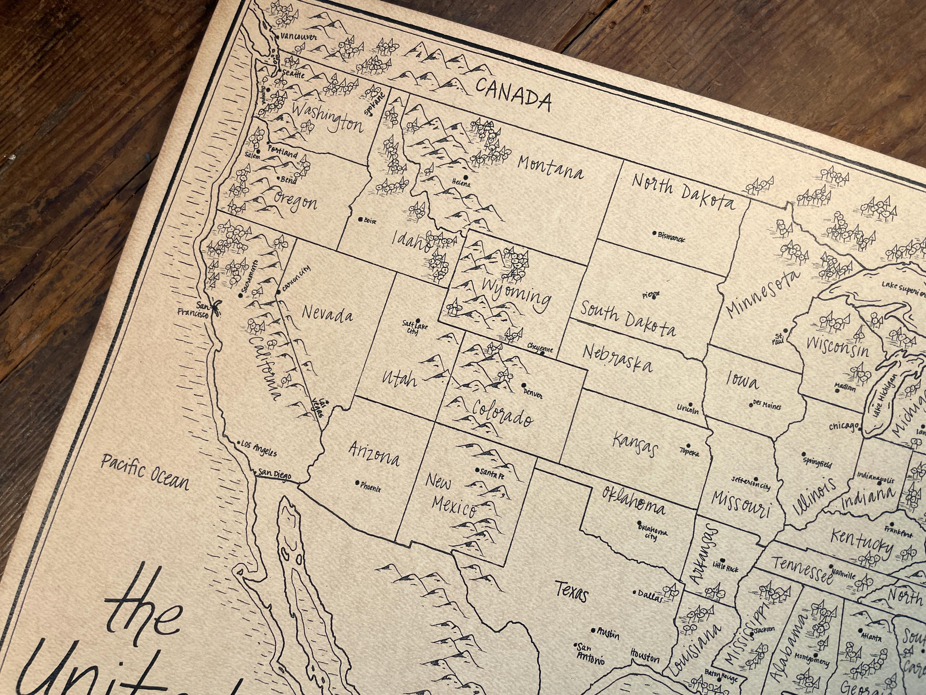 United States Map: Aged, Handmade, Hand Drawn, Authentic Gift of