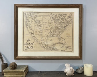 United States Map: Aged, Handmade, Hand drawn, Authentic Gift of America, Fantasy Art